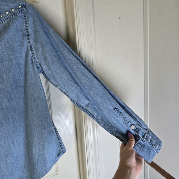 Embellished Denim Snap Frint Womens Long Sleeve Shirt 10 - Picture 6 of 9